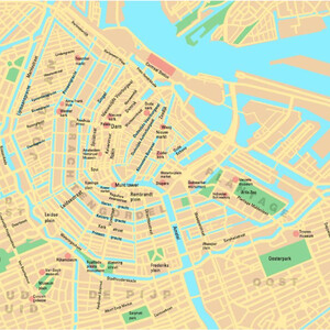 A map of Amsterdam centered on the canals and historic districts
